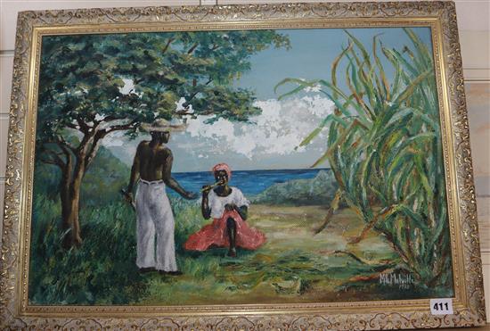 M. Melville, oil on board, Jamaican scene with figures beside the shore, signed and dated 1960, 40 x 60cm